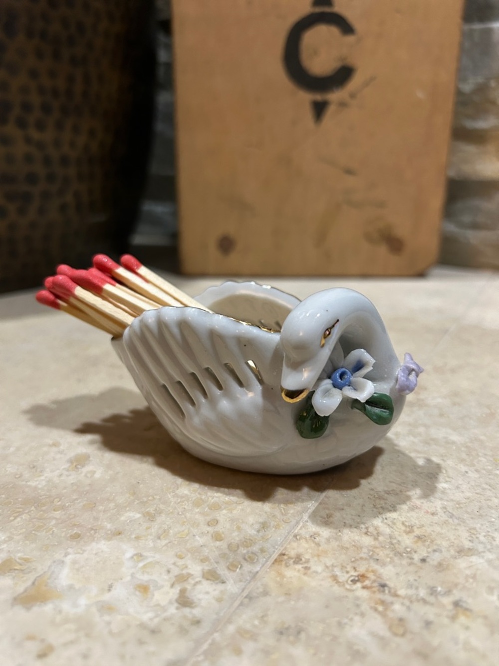 Vintage Porcelain swan match striker and holder